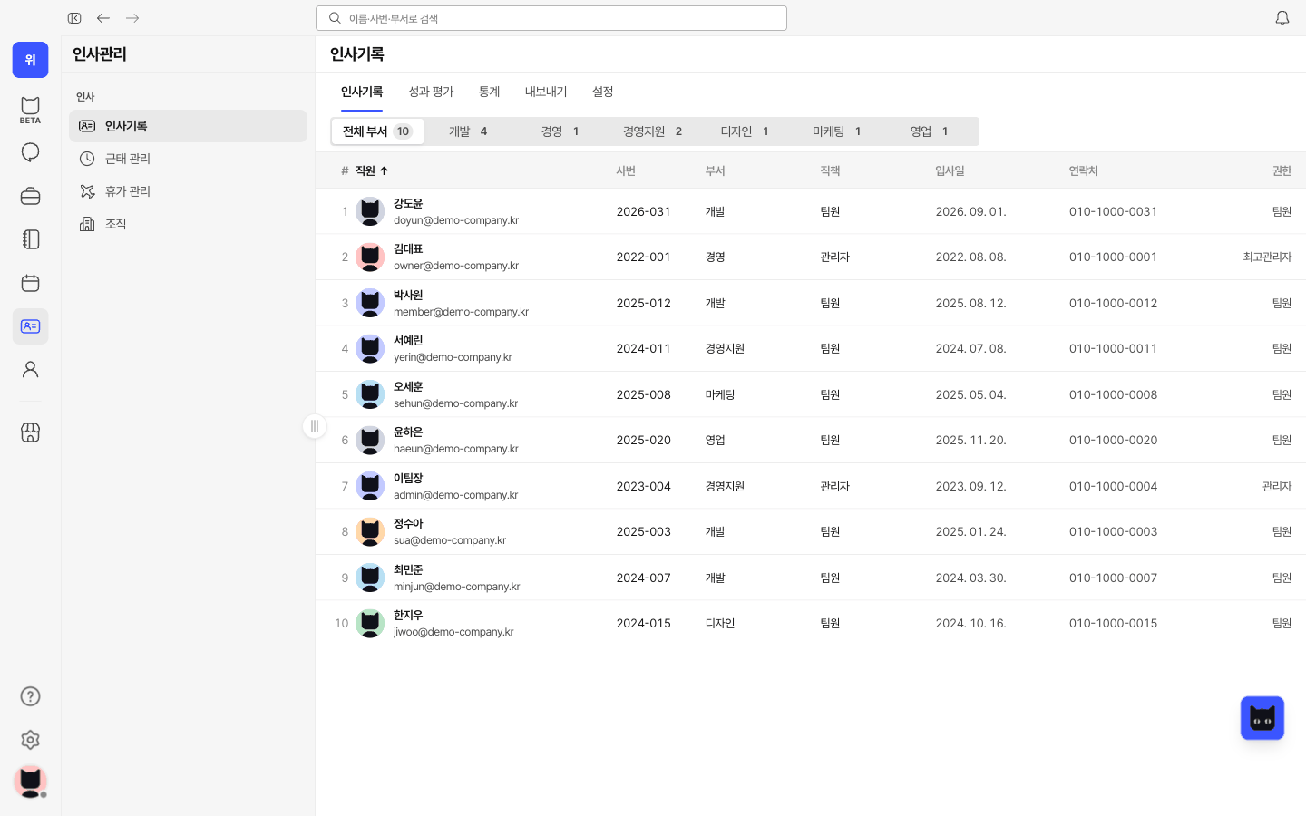 WITIM Employee information screen (Korean interface). Keep employee details, departments and employment history together, alongside attendance and leave information.