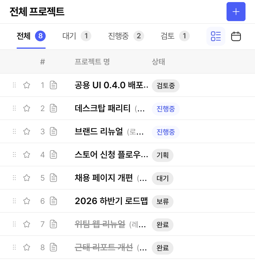 WITIM Projects screen (Korean interface). Bring your team, timeline, tasks and resources together in one project.